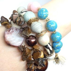 3/$30 MULTI COLOR BEAD STRETCH SET BRACELETS SHELL AFRICA OWL CHARM TASSEL BOHO